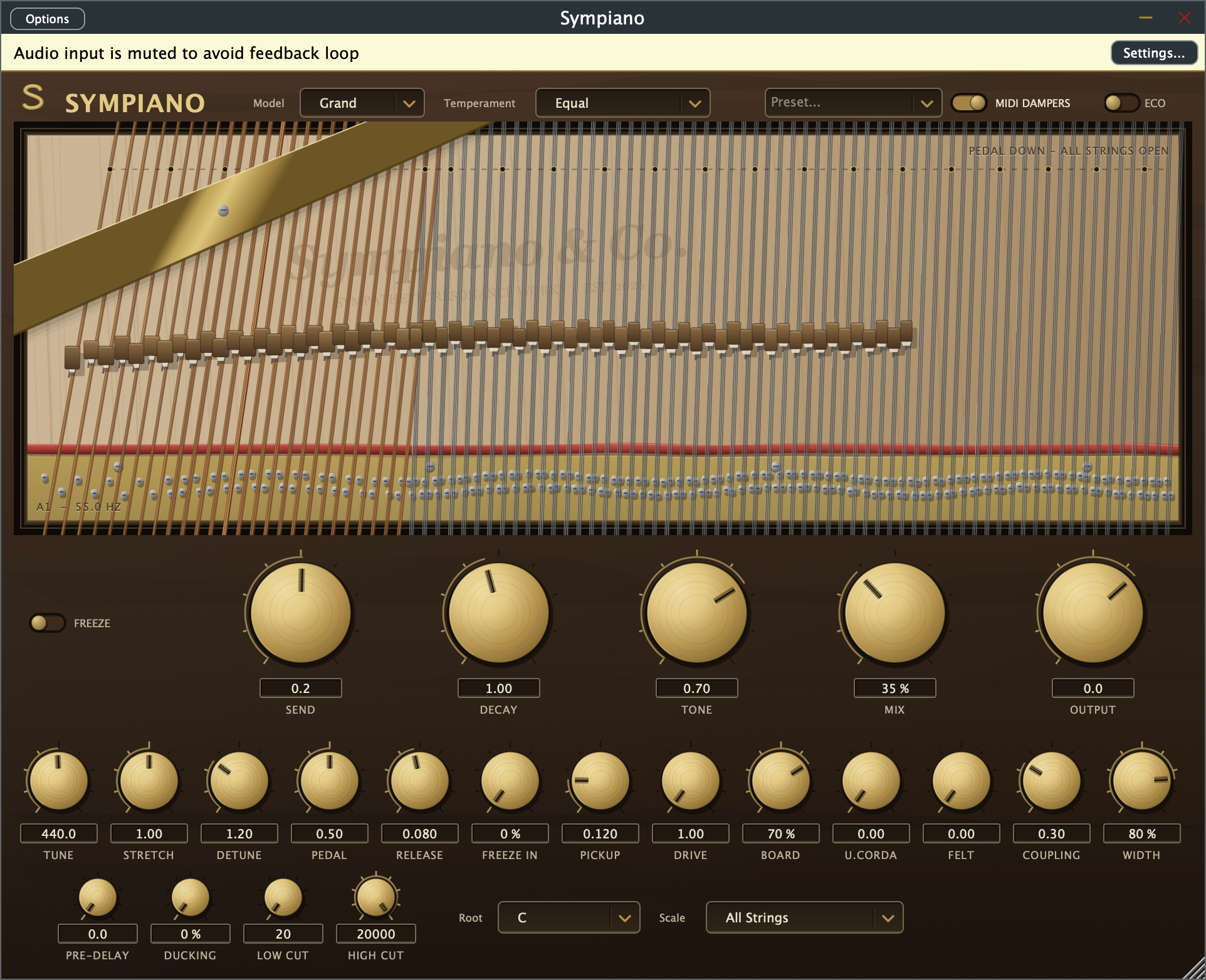 The Sympiano interface: a viewport into a piano with copper bass strings, a gold plate strut, wooden dampers, and brass controls